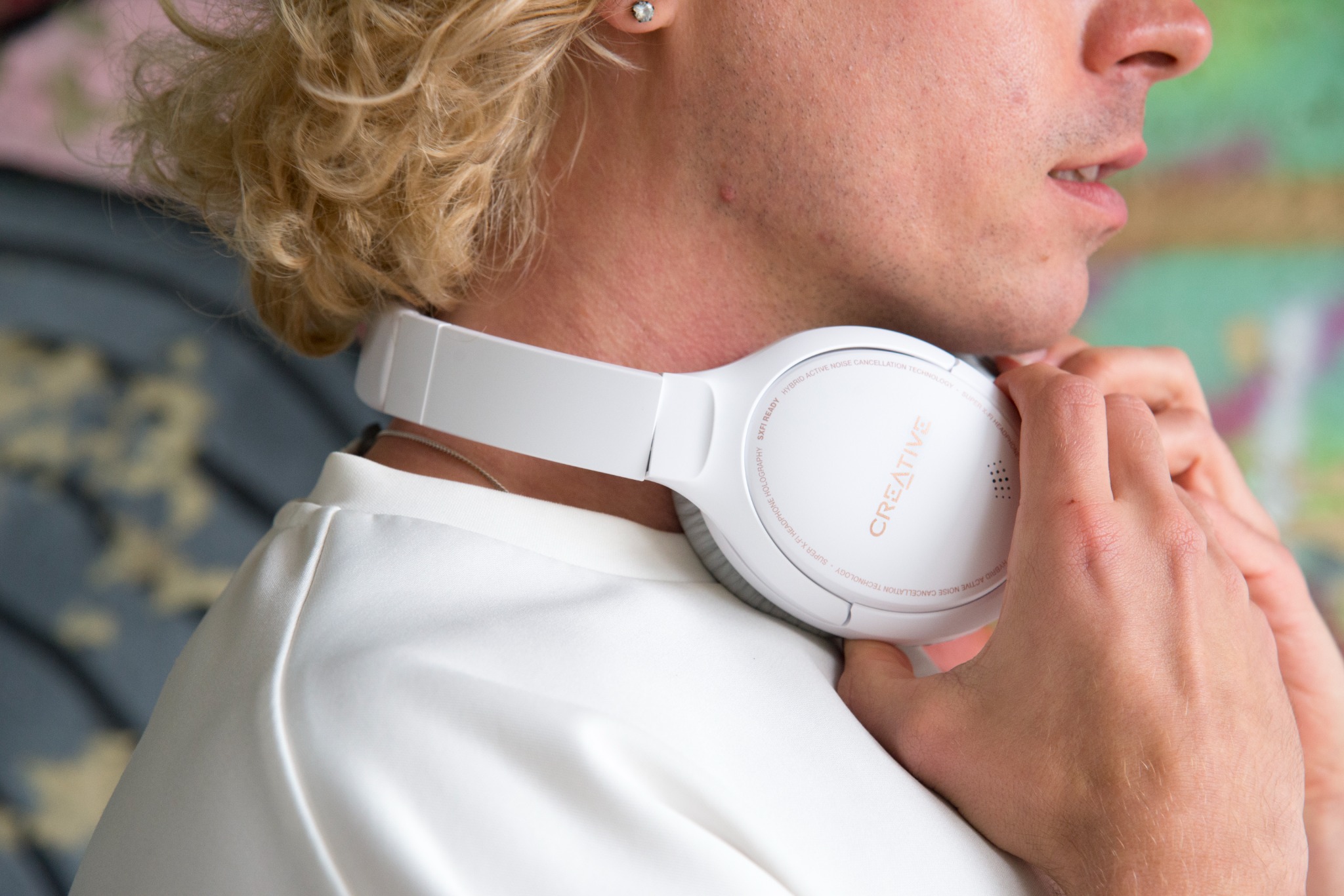 Headphones worn in a lifestyle close-up
